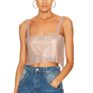 SNDYS Audrina Chainmail Crop Top Gold MEDIUM Rhinestone Liquid Metallic Rave